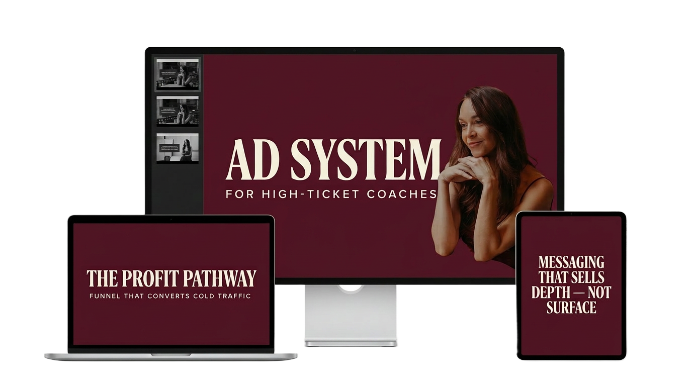 Ad System for High-Ticket Coaches course shown on a laptop